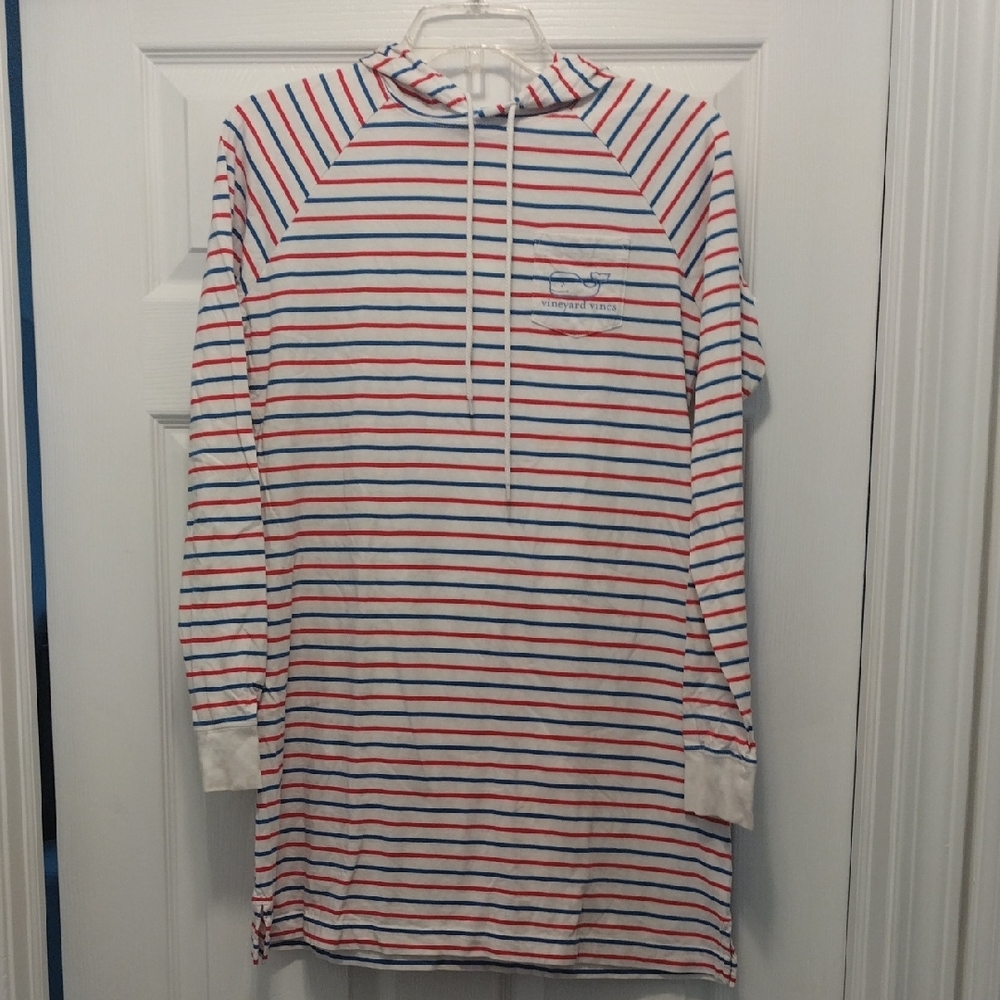 -Vineyard Vine Stripe Mini Dress/Beach Coverup With Hood